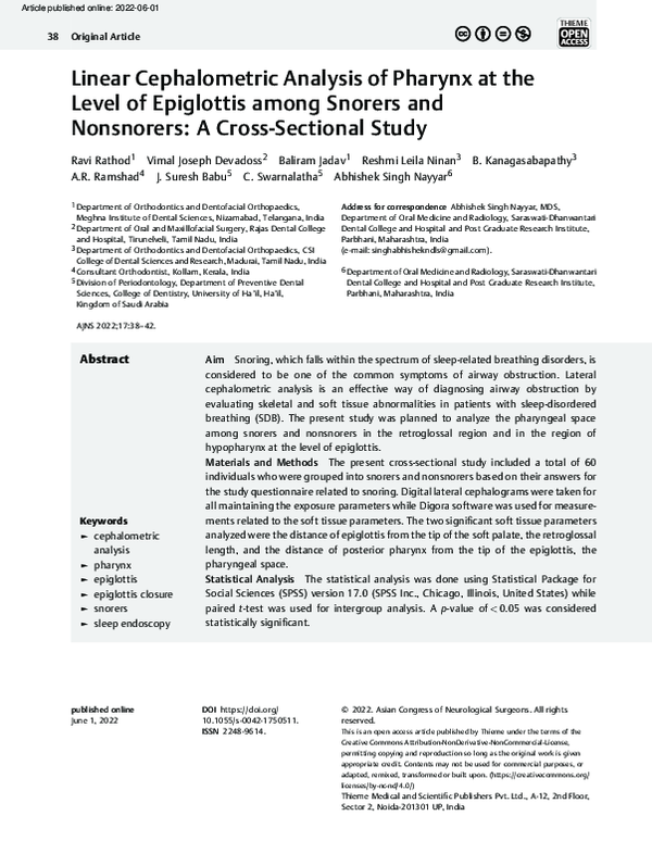 Linear Cephalometric Analysis of Pharynx at the Level of Epiglottis among Snorers and Nonsnorers: A Cross-Sectional Study