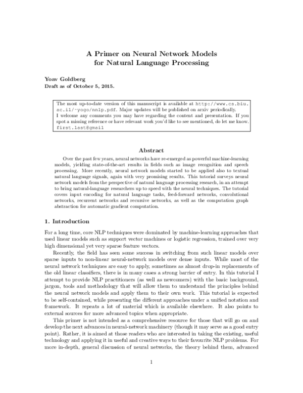 (PDF) A Primer on Neural Network Models for Natural Language Processing