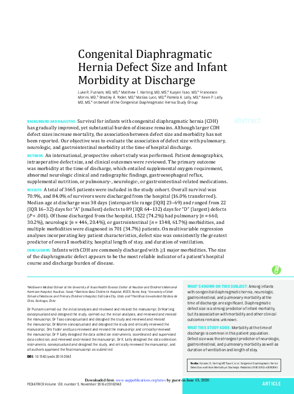(PDF) Congenital Diaphragmatic Hernia Defect Size and Infant Morbidity ...