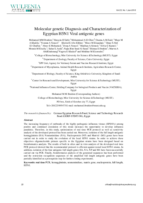 (PDF) Molecular genetic Diagnosis and Characterization of Egyptian H5N1 ...