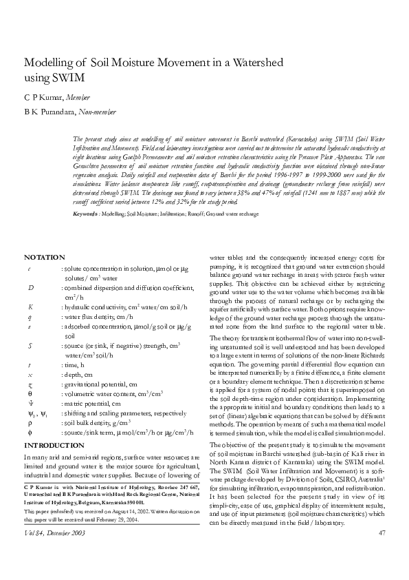 (PDF) Modelling of Soil Moisture Movement in a Watershed using SWIM