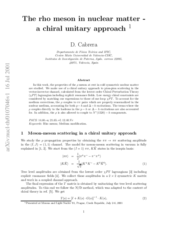 (PDF) The rho meson in nuclear matter—a chiral unitary approach