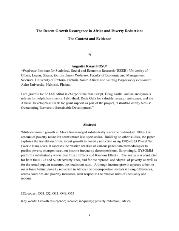 (PDF) The Recent Growth Resurgence in Africa and Poverty Reduction: The ...