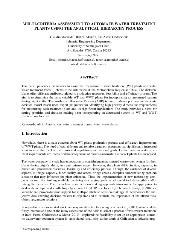 (PDF) Multicriteria assessment to automate water treatment plants