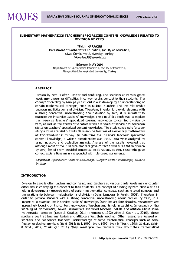 (PDF) Elementary Mathematics Teachers’ Specialized Content Knowledge ...