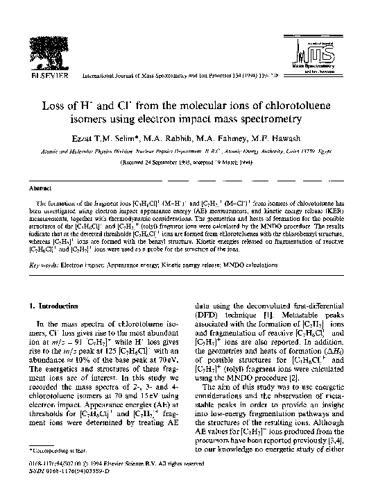 (PDF) Loss of H and Cl from the molecular ions of chlorotoluene isomers ...