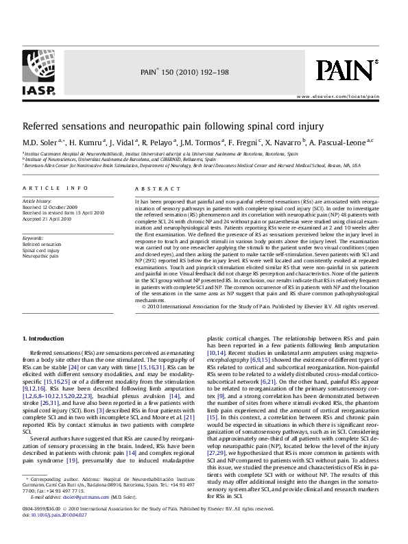 (PDF) Referred sensations and neuropathic pain following spinal cord injury