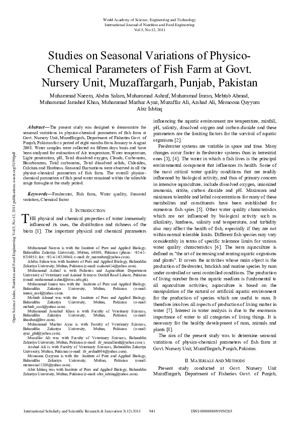 (PDF) Studies On Seasonal Variations Of Physico- Chemical Parameters Of ...