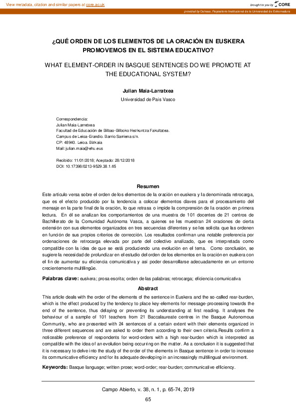 (PDF) What element-order in basque sentences do we promote at the ...