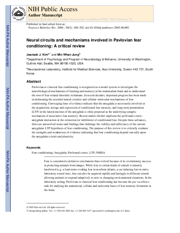(PDF) Neural circuits and mechanisms involved in Pavlovian fear ...