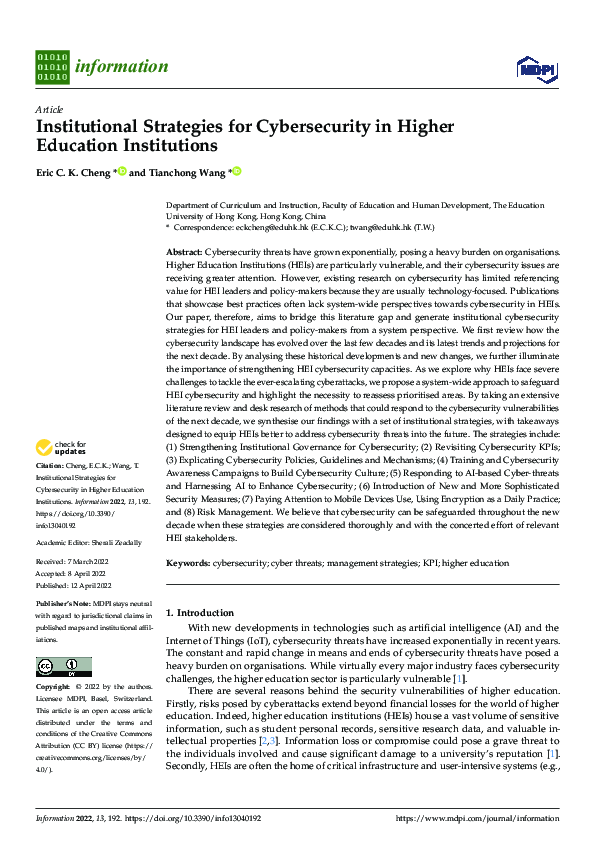 (PDF) Institutional Strategies for Cybersecurity in Higher Education ...