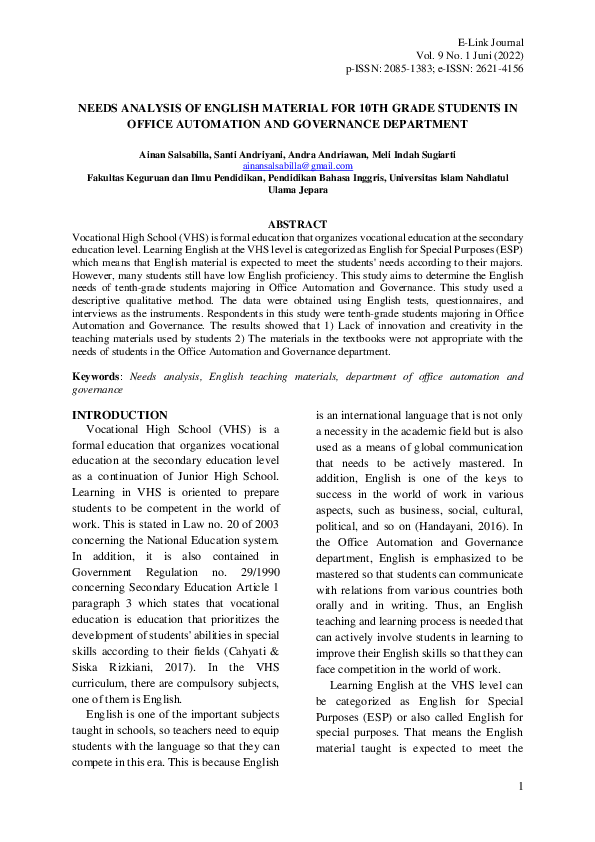 (PDF) Needs Analysis of English Material for 10TH Grade Students in ...
