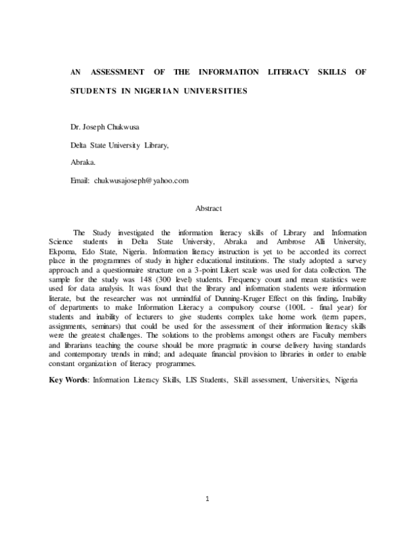 (PDF) An Assessment of the Information Literacy Skills of Students in ...