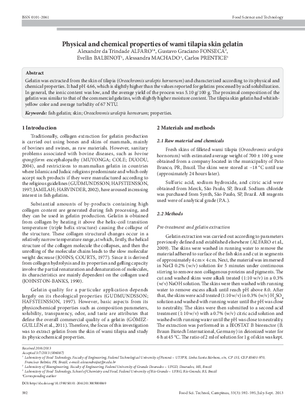 (PDF) Physical and chemical properties of wami tilapia skin gelatin