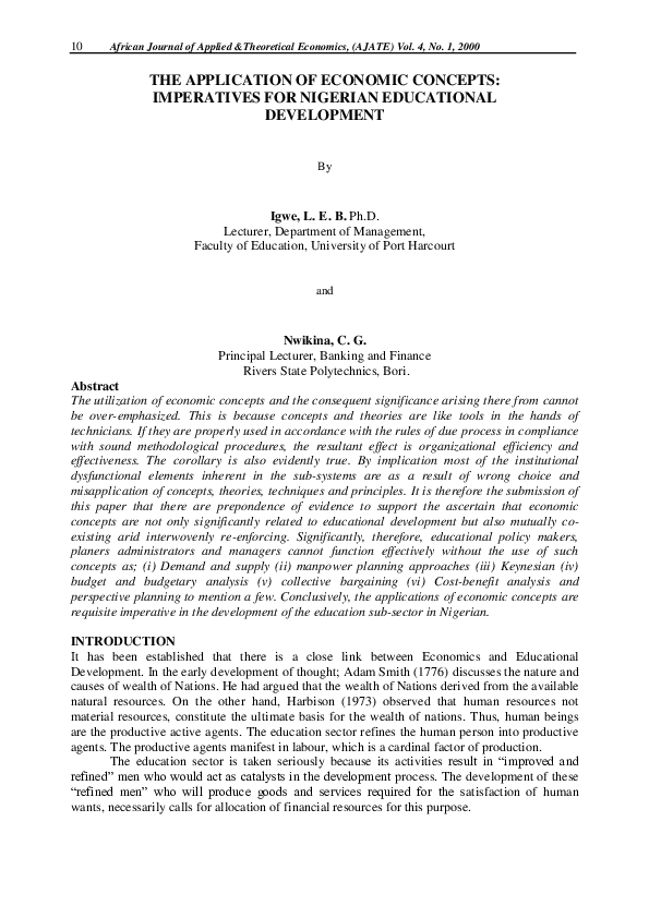 (PDF) THE APPLICATION OF ECONOMIC CONCEPTS: IMPERATIVES FOR NIGERIAN ...