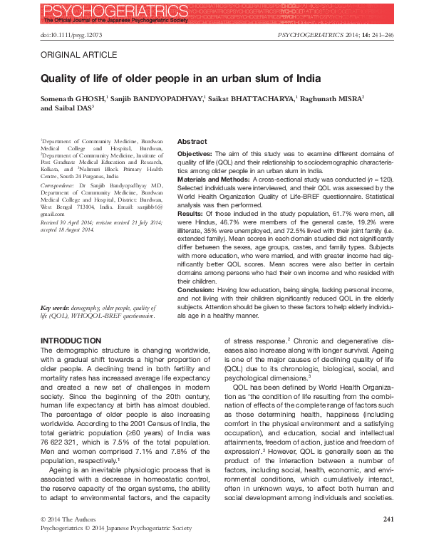 (PDF) Quality of life of older people in an urban slum of India