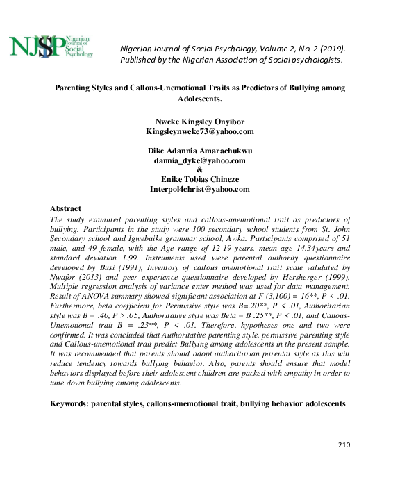 (PDF) Parenting Styles and Callous-Unemotional Traits as Predictors of ...