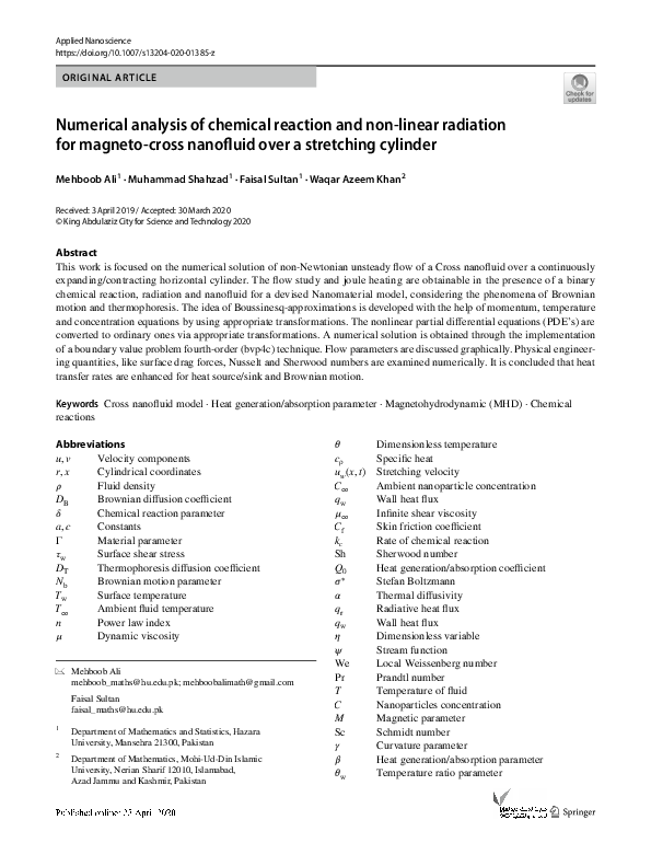 (PDF) Numerical analysis of chemical reaction and non-linear radiation ...