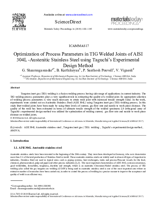 (PDF) Optimization of Process Parameters in TIG Welded Joints of AISI ...