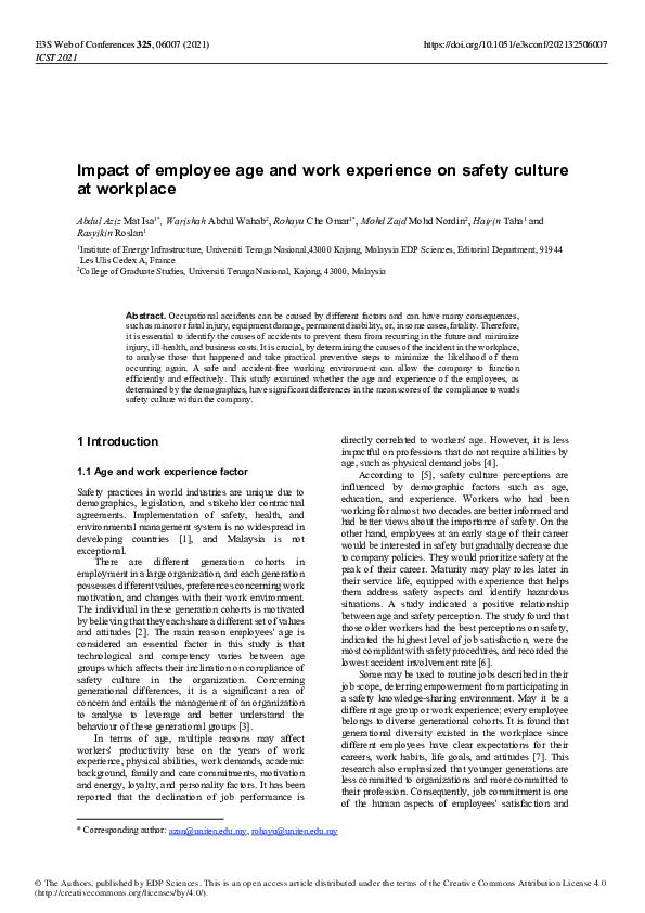 (PDF) Impact of employee age and work experience on safety culture at ...