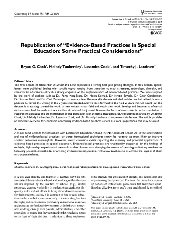 (PDF) Republication of “Evidence-Based Practices in Special Education ...