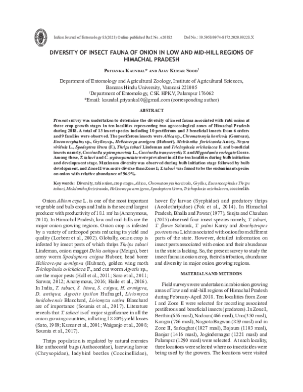 (PDF) Diversity of Insect Fauna of Onion in Low And Mid-Hill Regions of ...