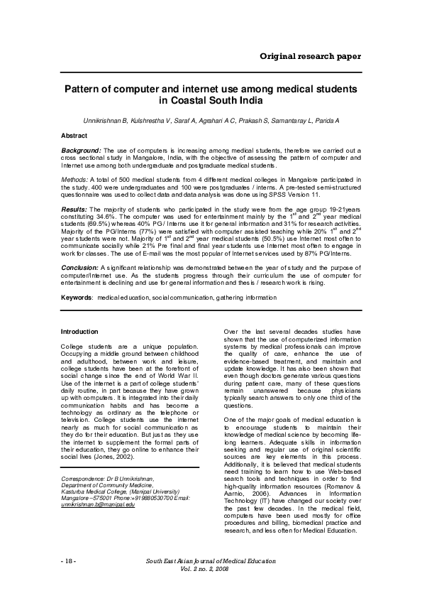 (PDF) Pattern of computer and internet use among medical students in ...