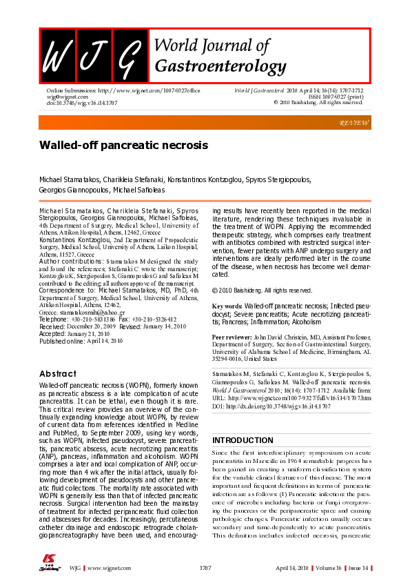 (PDF) Walled-off pancreatic necrosis | Michael Stamatakos - Academia.edu