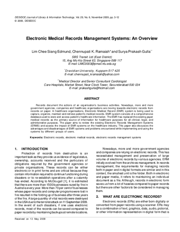 (PDF) Electronic Medical Records Management Systems An Overview