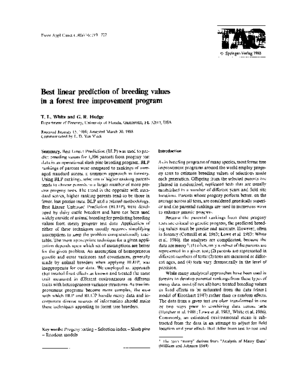 (PDF) Best linear prediction of breeding values in a forest tree