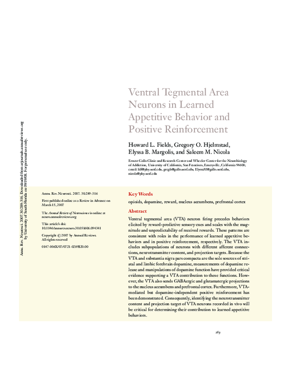 (PDF) Ventral Tegmental Area Neurons in Learned Appetitive Behavior and ...