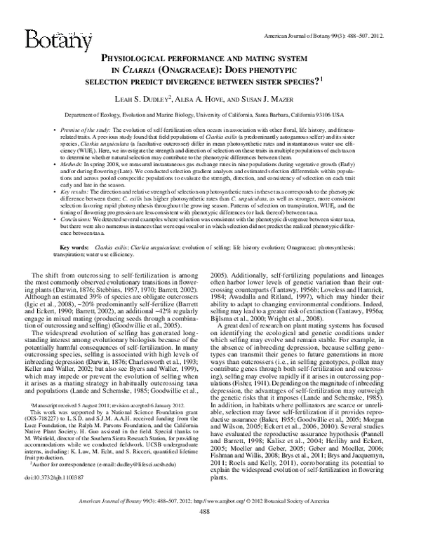 (PDF) Physiological performance and mating system in Clarkia