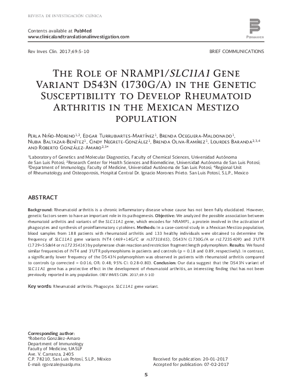(PDF) The Role of NRAMP1/SLC11A1 Gene Variant D543N (1730G/A) in the ...