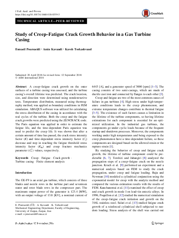(PDF) Study of Creep–Fatigue Crack Growth Behavior in a Gas Turbine Casing