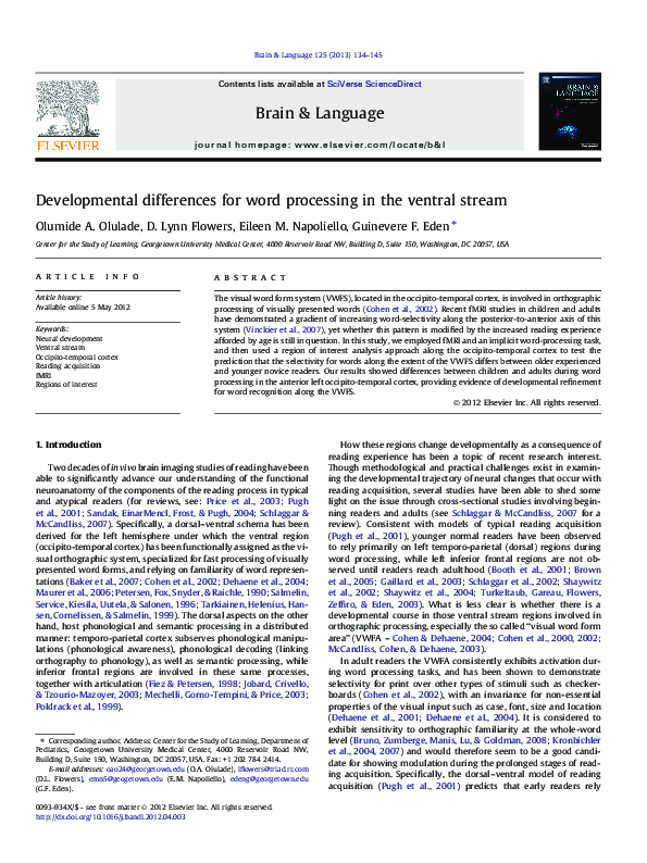 (PDF) Developmental differences for word processing in the ventral stream