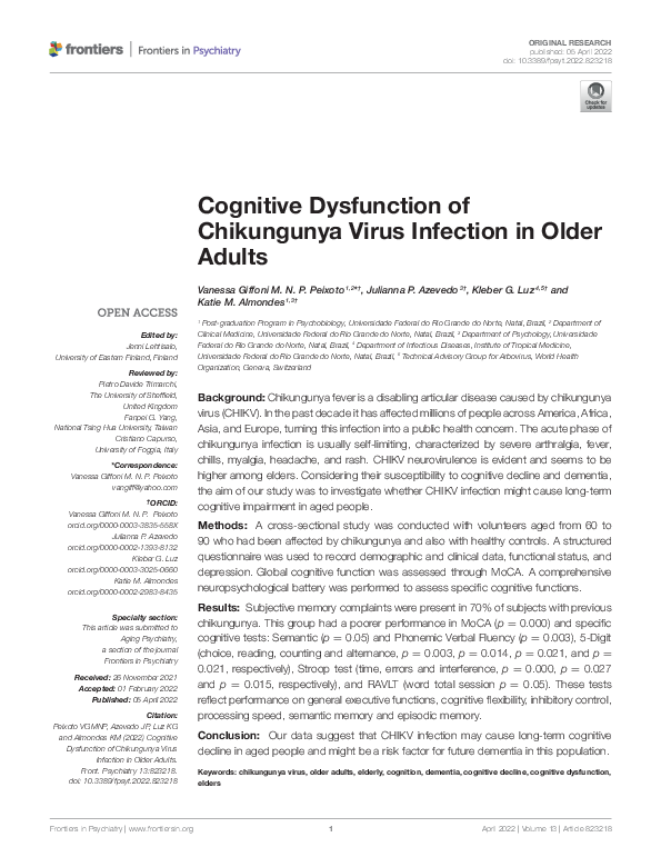 (PDF) Cognitive Dysfunction of Chikungunya Virus Infection in Older Adults