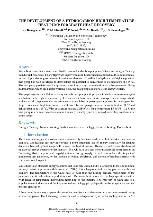 (PDF) The development of a hydrocarbon high temperature heat pump for ...