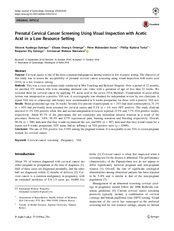 (PDF) Prenatal Cervical Cancer Screening Using Visual Inspection with