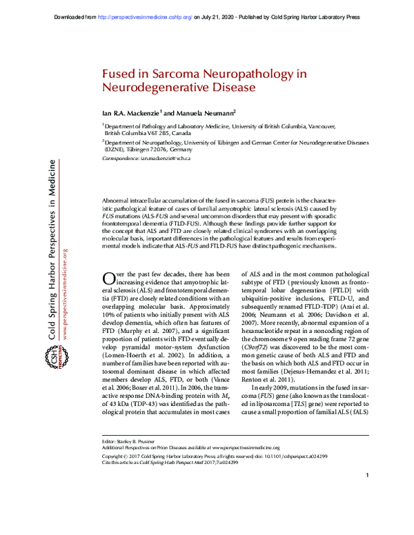(PDF) Fused in Sarcoma Neuropathology in Neurodegenerative Disease
