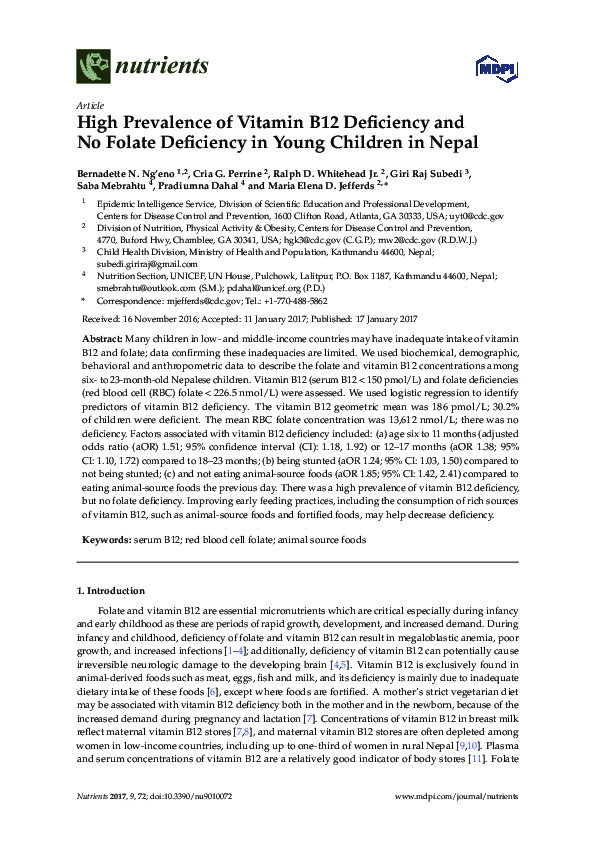 (PDF) High Prevalence of Vitamin B12 Deficiency and No Folate ...