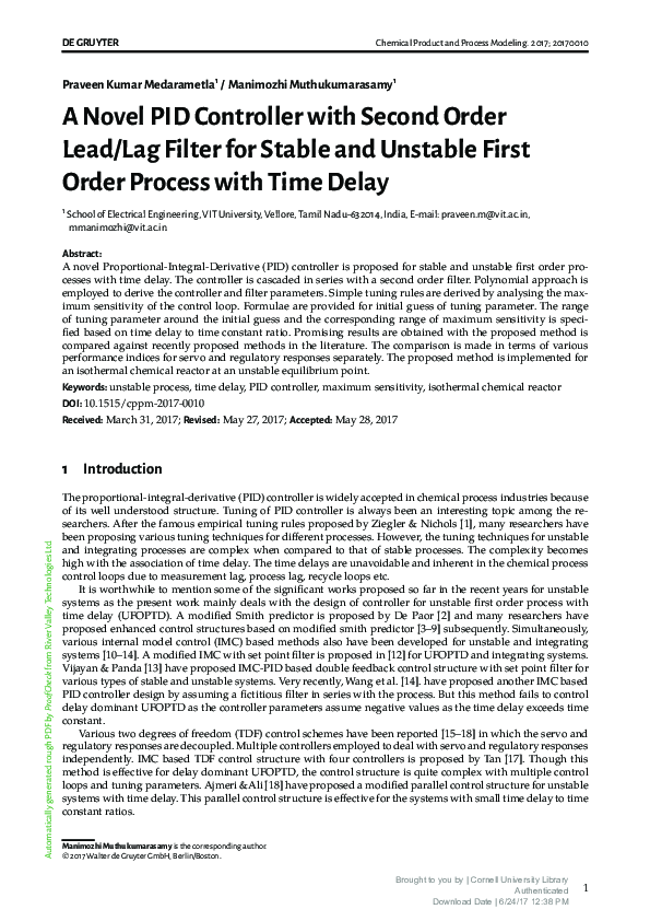 (PDF) A Novel PID Controller with Second Order Lead/Lag Filter for ...