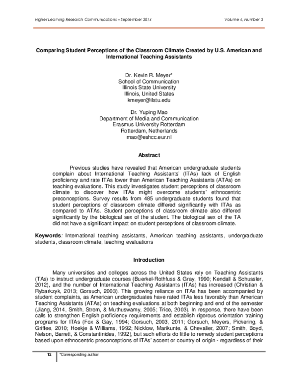(PDF) Comparing Student Perceptions of the Classroom Climate Created by ...