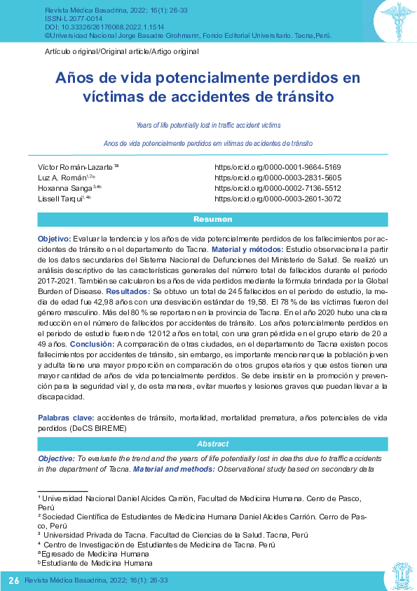 (PDF) Años de vida potencialmente perdidos en víctimas de accidentes de