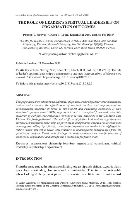 (PDF) The Role of Leader’s Spiritual Leadership on Organisation Outcomes