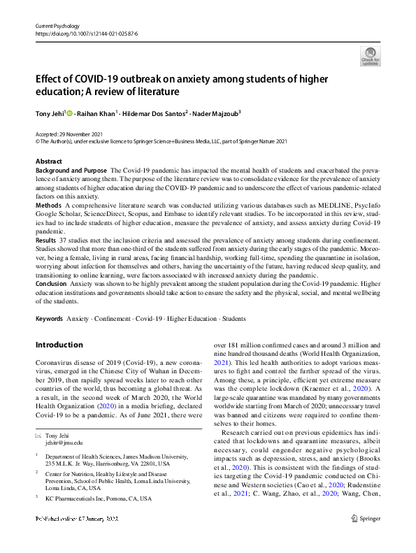 (PDF) Effect of COVID-19 outbreak on anxiety among students of higher ...