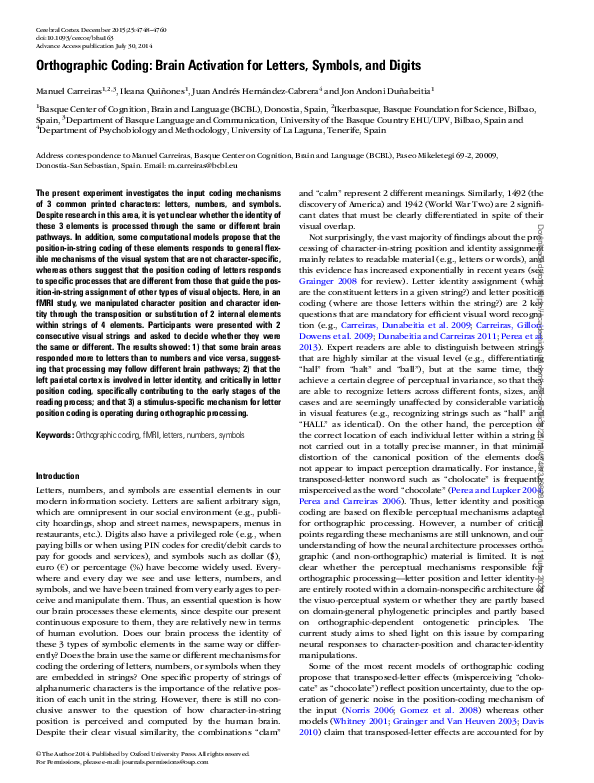 (PDF) Orthographic Coding: Brain Activation for Letters, Symbols, and ...