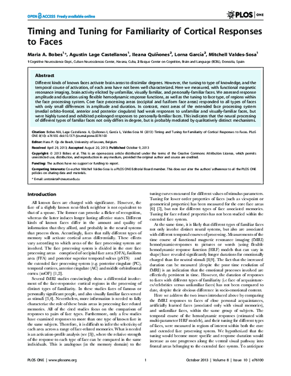 (PDF) Timing and Tuning for Familiarity of Cortical Responses to Faces