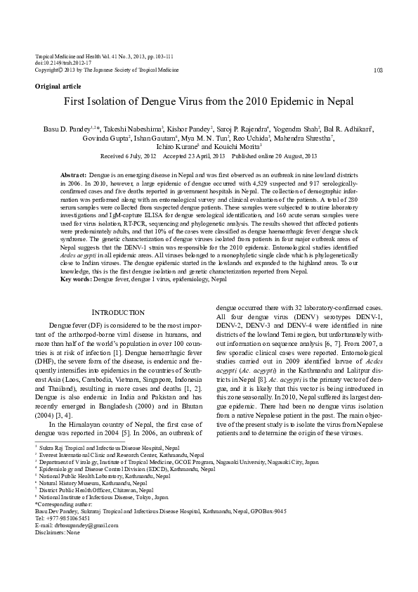 (PDF) First Isolation of Dengue Virus from the 2010 Epidemic in Nepal ...