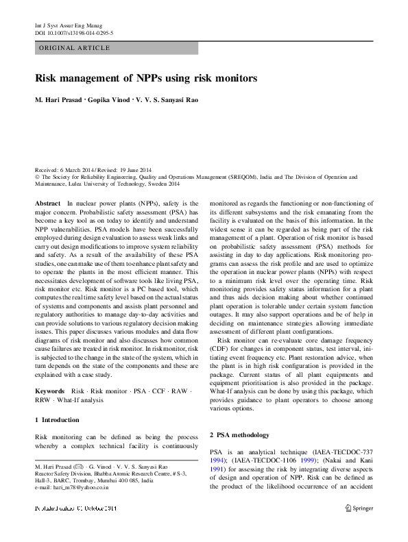 (PDF) Risk management of NPPs using risk monitors