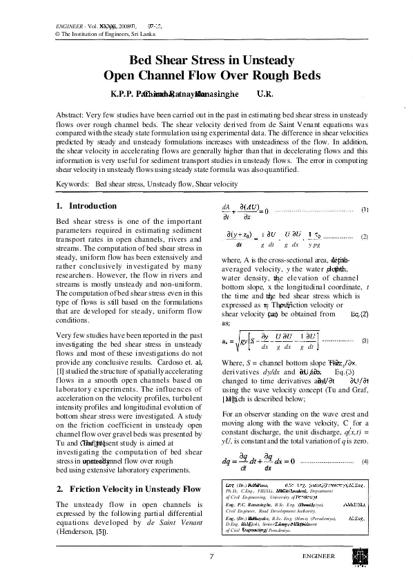(PDF) Bed Shear Stress in Unsteady Open Channel Flow Over Rough Beds
